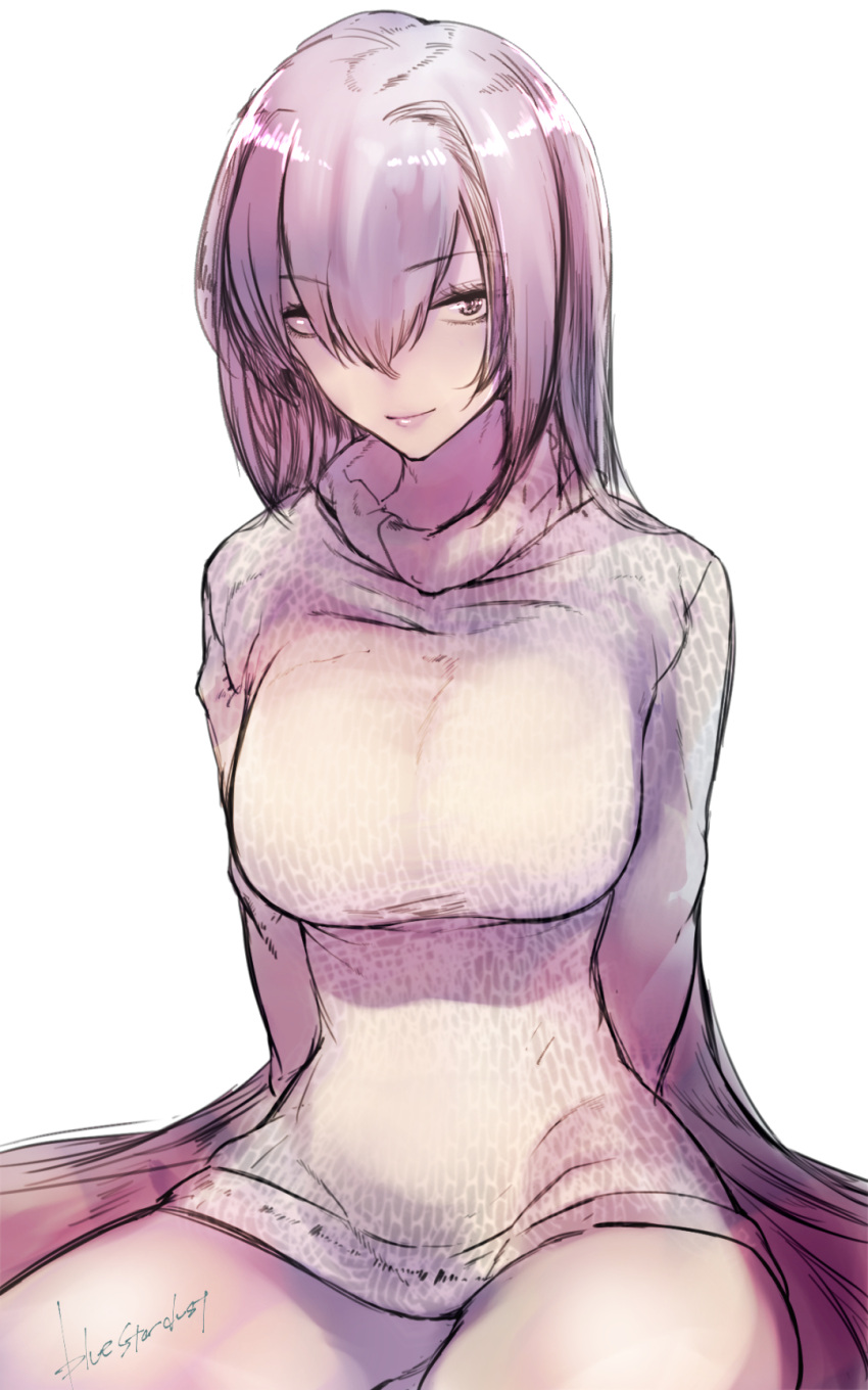 breasts eyebrows_visible_through_hair fate/grand_order fate_(series) hair_intakes highres kojima_(blue_stardust) large_breasts light_smile long_hair long_sleeves looking_at_viewer monochrome purple_hair scathach_(fate/grand_order) signature sitting sweater thighs very_long_hair white_background