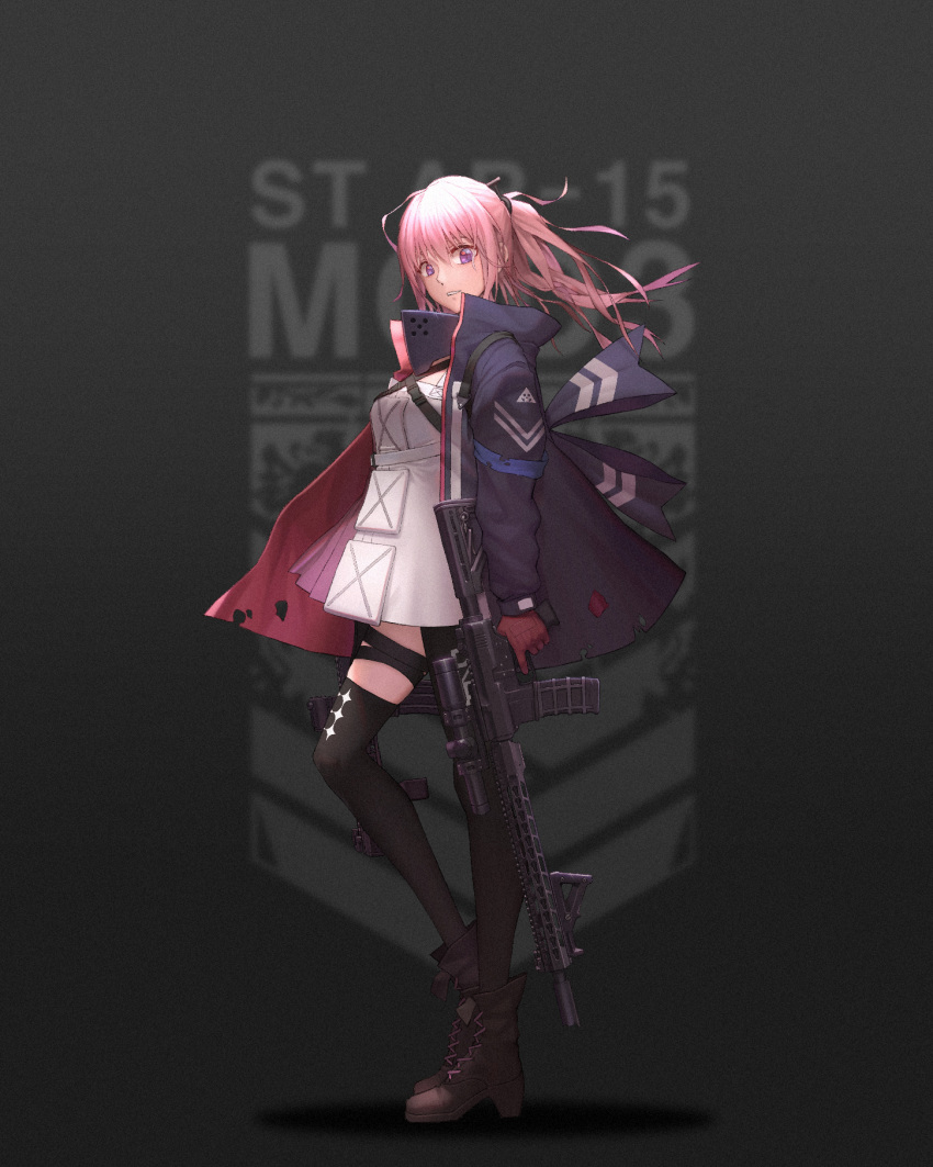 1girl bangs black_footwear black_jacket black_legwear boots dlalsrl03131 dress eyebrows_visible_through_hair floating_hair full_body girls_frontline gloves grey_background gun hair_between_eyes hair_ornament head_tilt highres holding holding_gun holding_weapon jacket long_hair looking_at_viewer open_clothes open_jacket parted_lips pink_hair ponytail red_gloves rifle short_dress simple_background solo st_ar-15_(girls_frontline) standing thigh-highs thigh_strap torn_jacket violet_eyes weapon white_dress