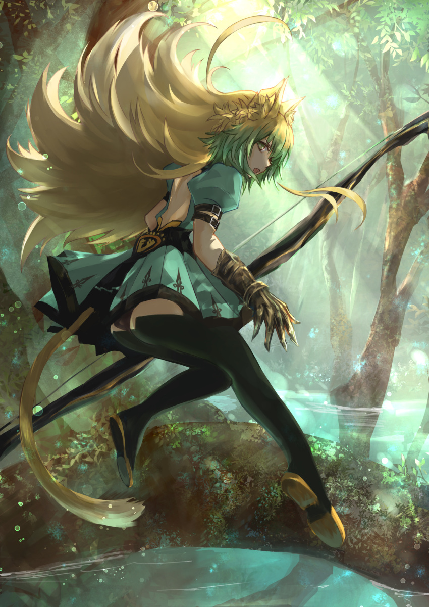 1girl animal_ears atalanta_(fate) backless_outfit black_panties blade blonde_hair bow_(weapon) cat_ears cat_tail day dress fate/apocrypha fate_(series) forest full_body gauntlets green_dress green_eyes green_hair highres holding holding_bow_(weapon) holding_weapon kaze_minoru_so-ru looking_back multicolored_hair nature open-back_dress open_mouth outdoors panties pixiv_fate/grand_order_contest_2 short_dress solo tail tree two-tone_hair underwear weapon