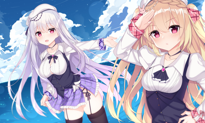 2girls absurdres azur_lane bangs beret blonde_hair blush breasts bursting_breasts cleavage clouds collarbone commentary_request crescent_(azur_lane) cygnet_(azur_lane) hair_ornament hat highres jewelry jyt large_breasts lavender_hair long_hair looking_at_viewer medium_breasts multiple_girls necklace ocean open_mouth pink_eyes remodel_(azur_lane) salute sky smile standing thigh-highs twintails vest