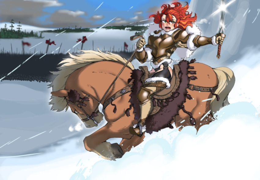 1girl arched_neck armor army blush clouds equestrian fur_trim garter_belt garter_straps gauntlets green_eyes horse leotard looking_to_the_side mane open_mouth original pauldrons redhead riding saddle sky standard_bearer sword tail thigh-highs warrior weapon winter ziromaru