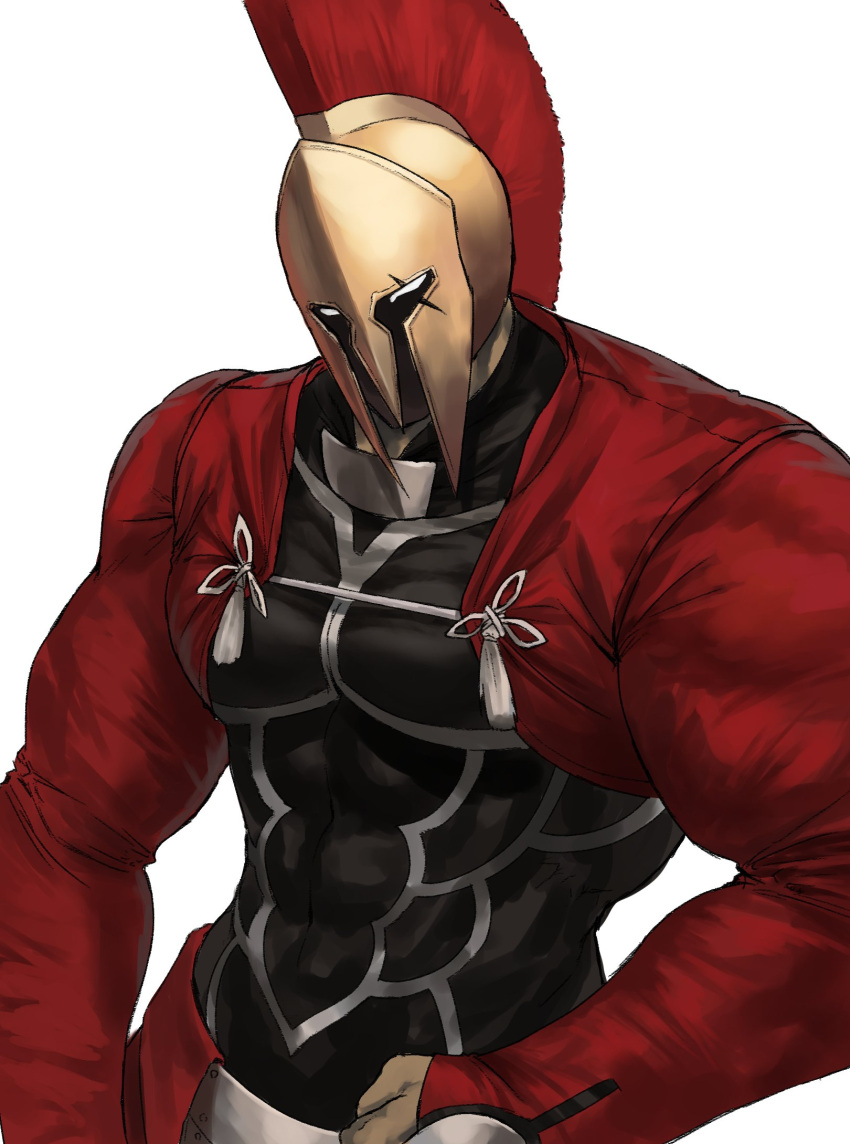 1girl abs archer archer_(cosplay) black_shirt commentary_request cosplay covered_face fate/grand_order fate_(series) gorget helm helmet highres jacket leonidas_(fate/grand_order) looking_at_viewer male_focus muscle plume red_jacket shirt simple_background solo upper_body white_background zonotaida