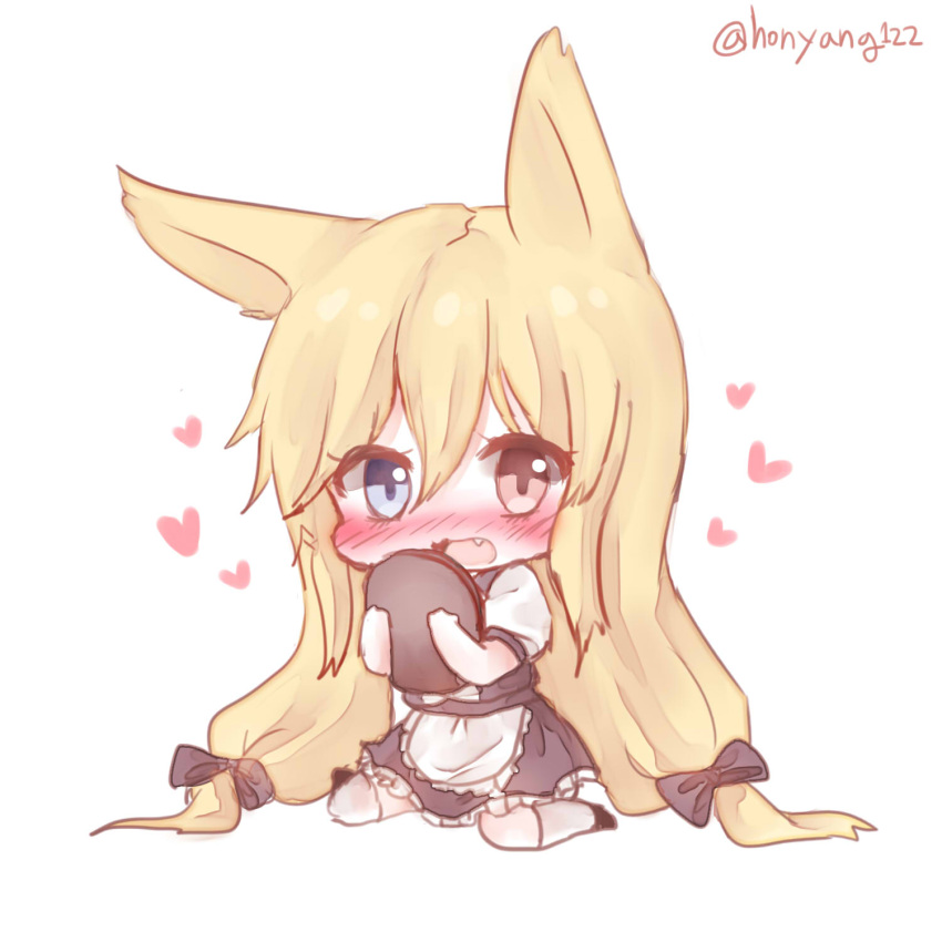 1girl animal_ears apron bangs black_bow blonde_hair blue_eyes blush bow chibi commission dress fang fox_ears g41_(girls_frontline) girls_frontline hair_between_eyes hair_bow heart heterochromia highres holding holding_tray honyang kneehighs long_hair looking_at_viewer low_twintails maid nose_blush open_mouth red_eyes short_sleeves sidelocks simple_background sitting solo tray twintails twitter_username waist_apron wariza white_apron white_background white_legwear