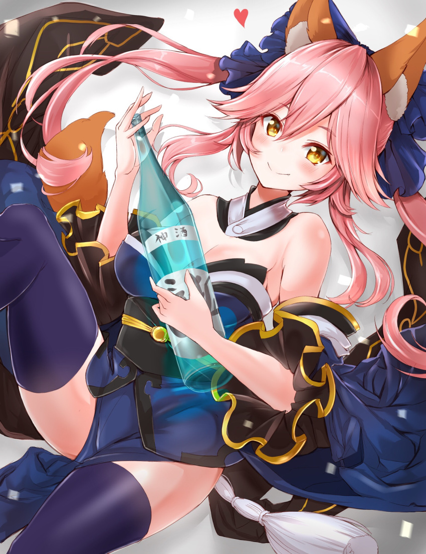 1girl alcohol animal_ears blue_legwear blue_ribbon blush bottle breasts cleavage detached_sleeves fang fate/extra fate/grand_order fate_(series) fox_ears fox_tail fuku_kitsune_(fuku_fox) hair_ribbon highres japanese_clothes large_breasts pink_hair ribbon sake sake_bottle smile solo tail tamamo_(fate)_(all) tamamo_no_mae_(fate) yellow_eyes
