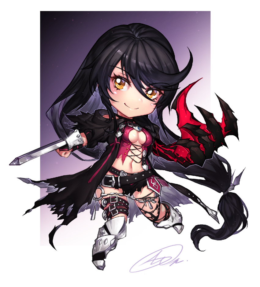 1girl artist_request bandage bandaged_arm belt black_choker black_hair breasts chibi choker claws collarbone highres long_hair looking_at_viewer medium_breasts navel simple_background smile solo tales_of_(series) tales_of_berseria torn_clothes under_boob velvet_crowe very_long_hair yellow_eyes