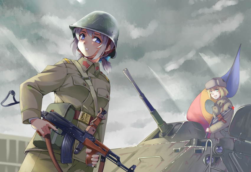 2girls armored_personnel_carrier assault_rifle blonde_hair blue_eyes bow commentary flag ground_vehicle gun hair_bow helmet highres holding holding_gun holding_weapon longmei_er_de_tuzi military military_uniform motor_vehicle multiple_girls original outdoors pm_md_63/65 rifle romanian romanian_flag short_twintails silver_hair tab_77 trigger_discipline twintails uniform weapon