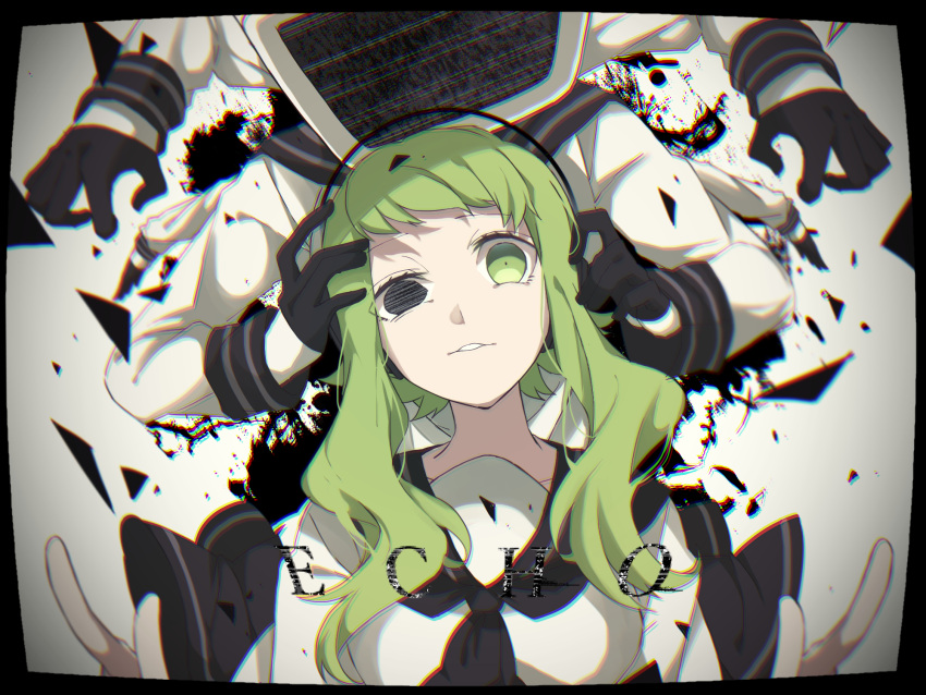 1girl adjusting_headphones black_gloves blurry debris double_v echo_(vocaloid) eiku empty_eyes gloves green_hair gumi half_gloves hand_on_another's_head headphones heterochromia highres long_sleeves looking_at_viewer multiple_arms multiple_hands parted_lips sailor_collar school_uniform screen serafuku sidelocks song_name static television v vocaloid wavy_hair