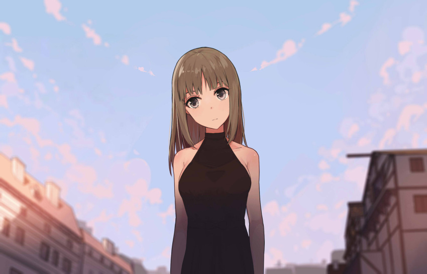 1girl black_dress blue_sky breasts brown_eyes brown_hair collarbone day dress from_below head_tilt highres long_hair looking_to_the_side medium_breasts mongarit original outdoors road shiny shiny_skin sideboob sky sleeveless sleeveless_dress solo standing street upper_body