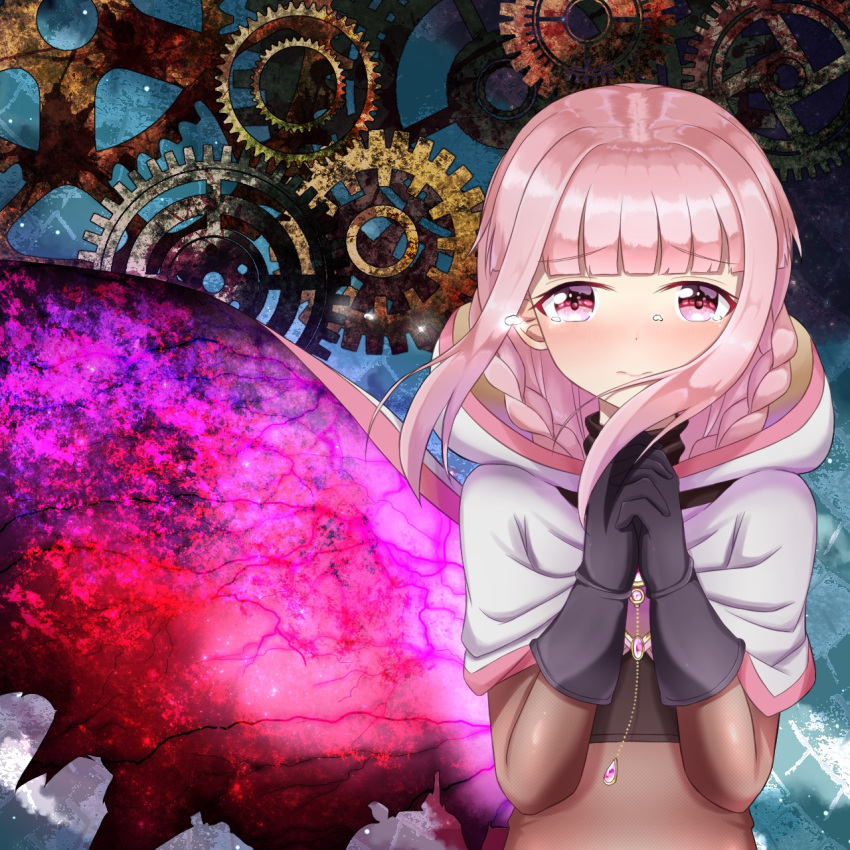 1girl bangs black_gloves blush bodystocking braid cape commentary_request gears gloves hands_clasped highres hooded_cape jewelry long_hair looking_at_viewer magia_record:_mahou_shoujo_madoka_magica_gaiden mahou_shoujo_madoka_magica own_hands_together parubaado pendant pink_eyes pink_hair solo tamaki_iroha tears upper_body