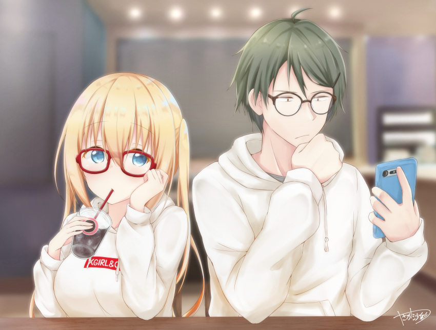 1boy 1girl :/ absurdres akizuki_kouyou bespectacled black-framed_eyewear blend_s blurry blush breasts cellphone chair chin_rest closed_mouth cup depth_of_field disposable_cup drawstring drinking drinking_straw eyebrows_visible_through_hair glasses green_hair hair_between_eyes hair_ornament hairclip highres hinata_kaho holding holding_phone hood hoodie indoors large_breasts long_hair looking_at_viewer phone red-framed_eyewear short_hair sitting smartphone table twintails yasaka_(astray_l)
