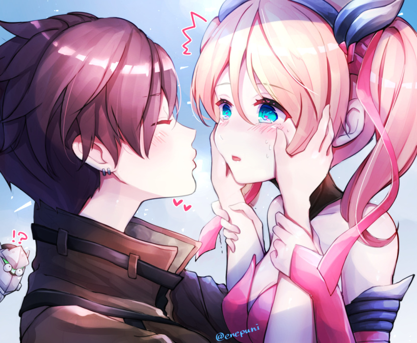 !? /\/\/\ 2girls blonde_hair blue_eyes brown_hair closed_eyes earrings enepuni genji_(overwatch) hands_on_another's_face heart imminent_kiss jewelry mercy_(overwatch) multiple_girls overwatch pink_mercy short_hair tracer_(overwatch) twintails twitter_username yuri
