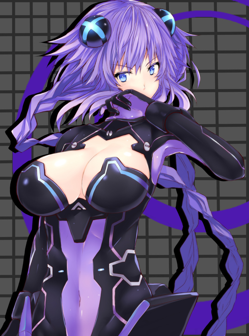 1girl absurdres blue_eyes braid breasts cleavage cleavage_cutout covered_navel d-pad d-pad_hair_ornament hair_ornament hand_in_front_of_face hand_up highres large_breasts leotard long_hair looking_at_viewer neptune_(series) power_symbol purple_hair purple_heart shishin_(shishintei) skin_tight solo symbol-shaped_pupils twin_braids twintails upper_body very_long_hair