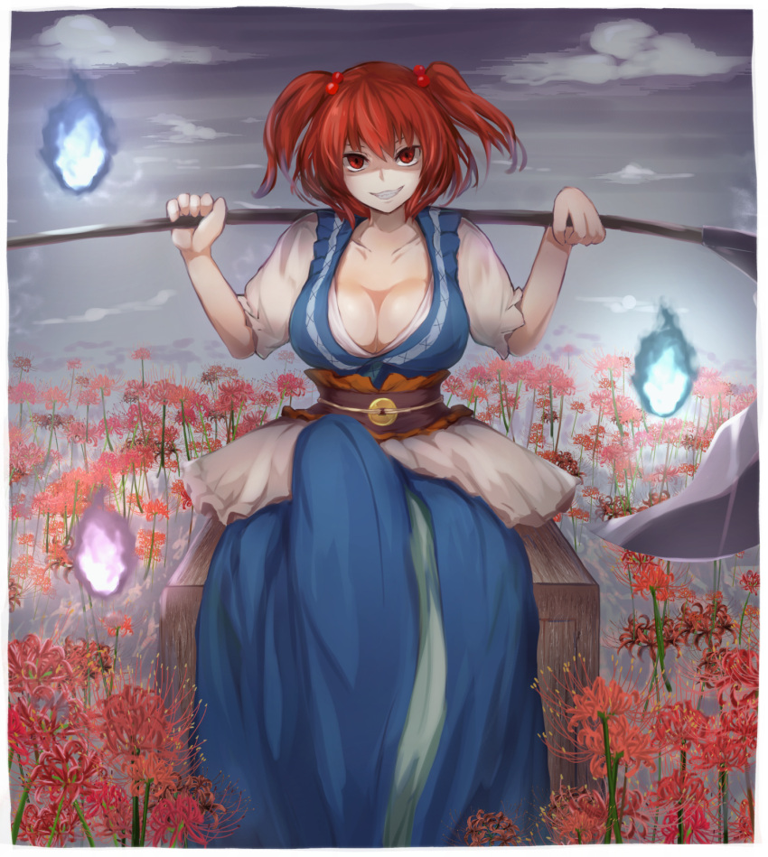 1girl alder breasts cleavage collarbone hair_bobbles hair_ornament highres large_breasts looking_at_viewer onozuka_komachi red_eyes redhead short_hair short_sleeves short_twintails sitting solo touhou twintails will-o'-the-wisp_(mythology)