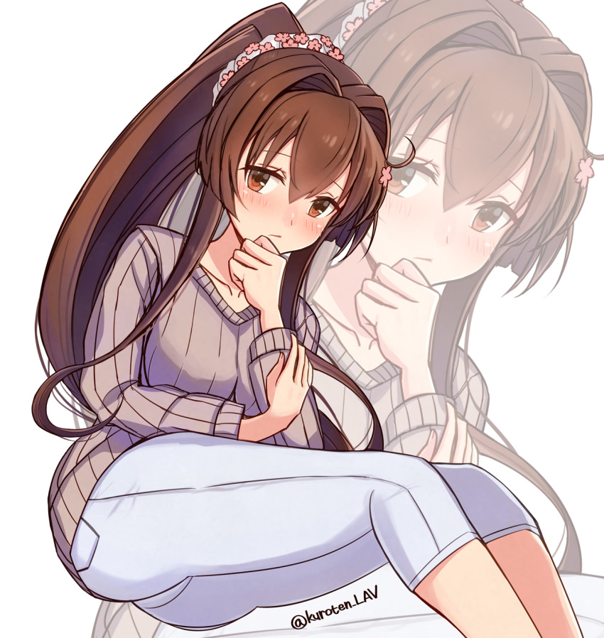 1girl ahoge alternate_costume blush breasts brown_eyes brown_hair closed_mouth collarbone grey_sweater hair_between_eyes hair_intakes hand_on_own_chin headband highres kantai_collection kuroten large_breasts long_hair looking_at_viewer pants ribbed_sweater solo sweater twitter_username very_long_hair white_background white_pants yamato_(kantai_collection) zoom_layer