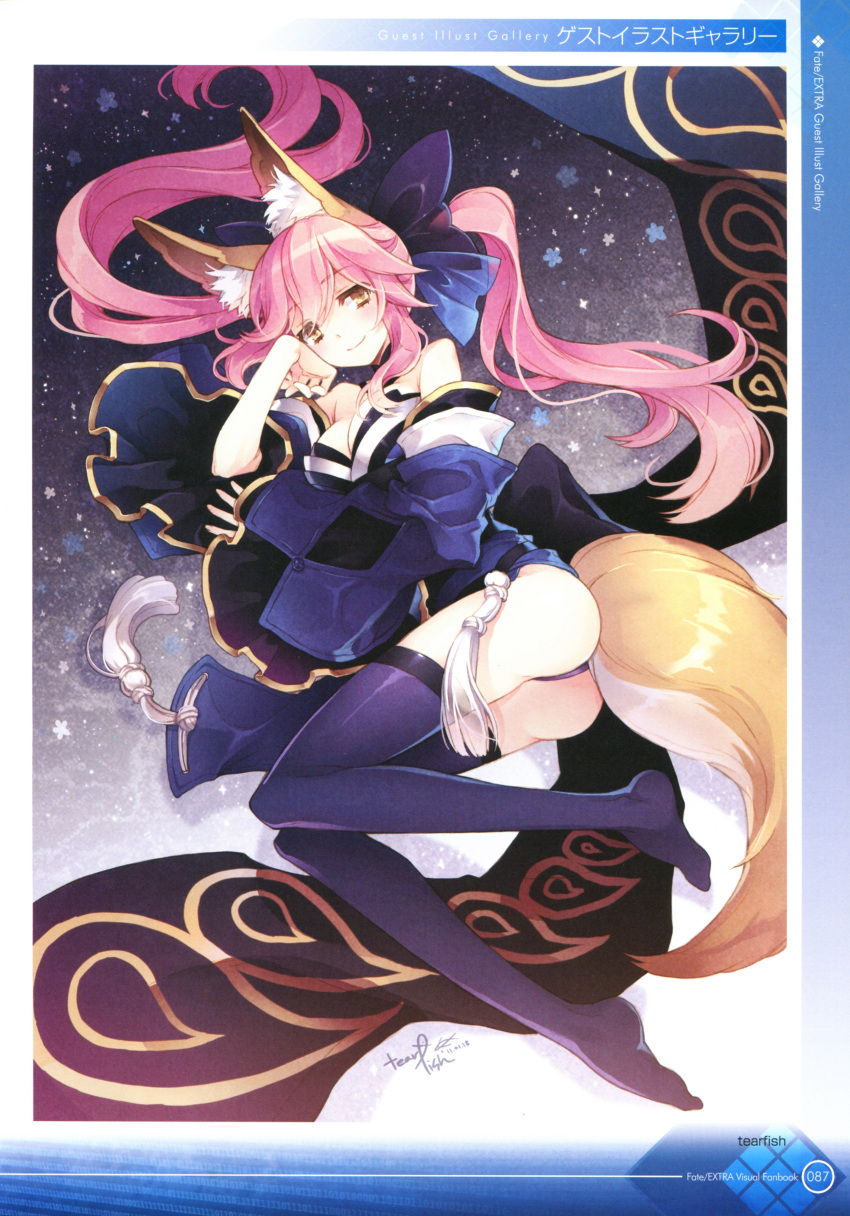 1girl absurdres animal_ears artist_name ass bangs bare_shoulders blue_legwear bow breasts cleavage closed_mouth detached_sleeves face fate/extra fate_(series) fox_ears fox_tail full_body hair_bow highres japanese_clothes looking_at_viewer medium_breasts pink_hair scan signature smile solo tail tamamo_(fate)_(all) tamamo_no_mae_(fate) tearfish thigh-highs thighs wide_sleeves yellow_eyes