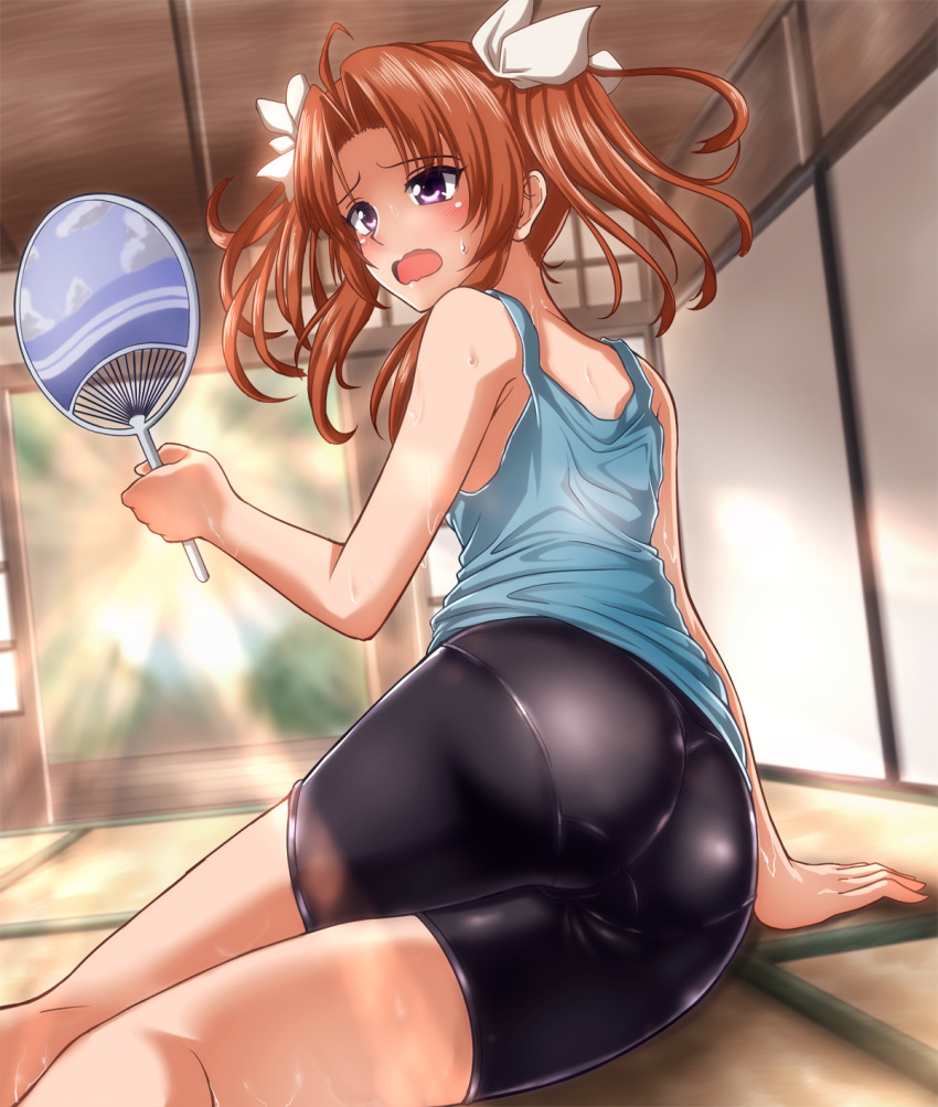 1girl ahoge alternate_costume arm_support bare_arms bare_shoulders bike_shorts black_shorts blue_tank_top blush brown_hair casual commentary_request eyebrows_visible_through_hair fan from_behind hair_ribbon highres holding holding_fan indoors kagerou_(kantai_collection) kantai_collection light_rays looking_to_the_side open_mouth pantylines reclining remodel_(kantai_collection) ribbon shorts shouji sidelocks sleeveless sliding_doors solo sunbeam sunlight sweat tank_top tatami twintails violet_eyes wavy_mouth white_ribbon zanntetu