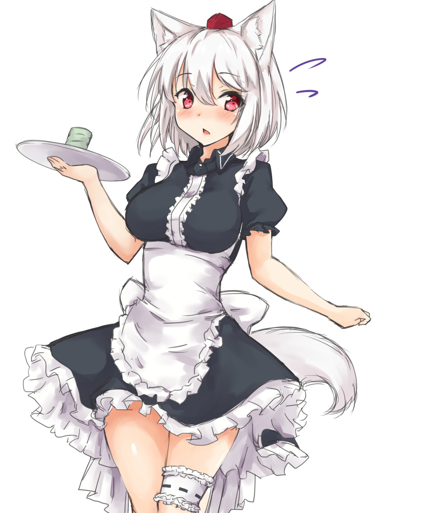 1girl alternate_costume amagi_(amagi626) animal_ears apron black_dress blush breasts clenched_hand commentary_request cup dress enmaided eyebrows_visible_through_hair feet_out_of_frame flying_sweatdrops frilled_apron frills hair_between_eyes hand_up hat highres holding holding_tray inubashiri_momiji large_breasts leg_garter looking_at_viewer maid maid_apron open_mouth petticoat red_eyes ribbon_trim short_hair silver_hair simple_background solo standing tail thighs tokin_hat touhou tray waist_apron white_apron white_background wing_collar wolf_ears wolf_tail