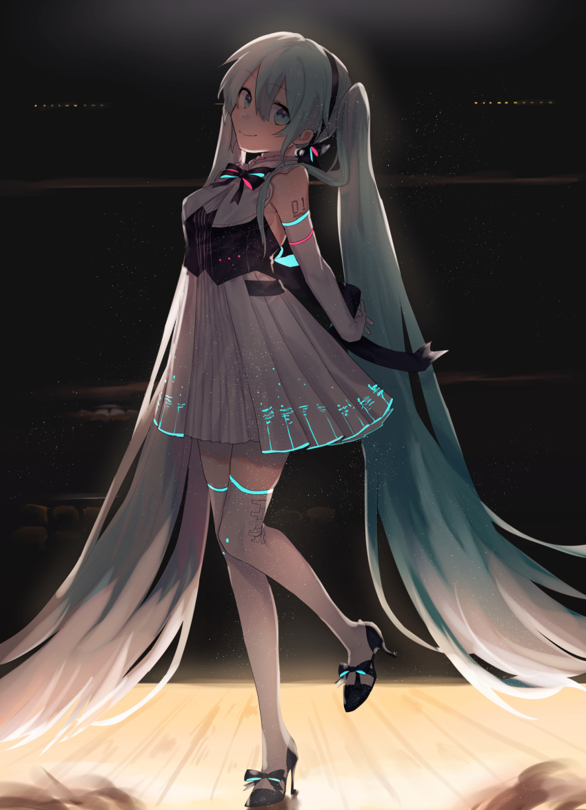 1girl absurdly_long_hair aqua_eyes aqua_hair arms_behind_back dress elbow_gloves eyebrows_visible_through_hair fingerless_gloves gloves hatsune_miku high_heels highres interlocked_fingers long_hair looking_at_viewer moegi0926 smile solo thigh-highs twintails very_long_hair vocaloid