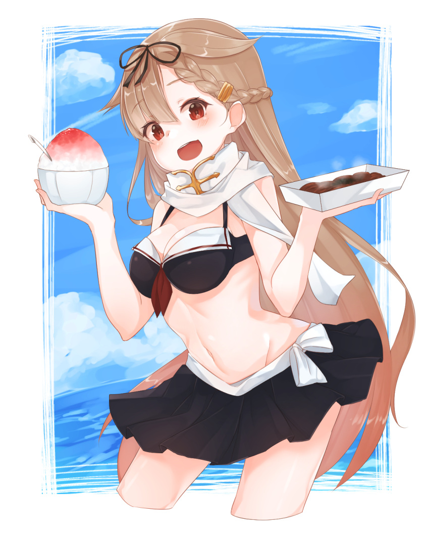 1girl :d bikini bikini_skirt black_bikini black_ribbon black_skirt blonde_hair braid breasts cleavage cowboy_shot eyebrows_visible_through_hair food french_braid gradient_hair hair_flaps hair_ornament hair_ribbon hairclip highres holding holding_food inorin05kanae kantai_collection long_hair looking_at_viewer medium_breasts multicolored_hair open_mouth pleated_skirt red_eyes ribbon shaved_ice skirt smile solo swimsuit yakisoba yuudachi_(kantai_collection)