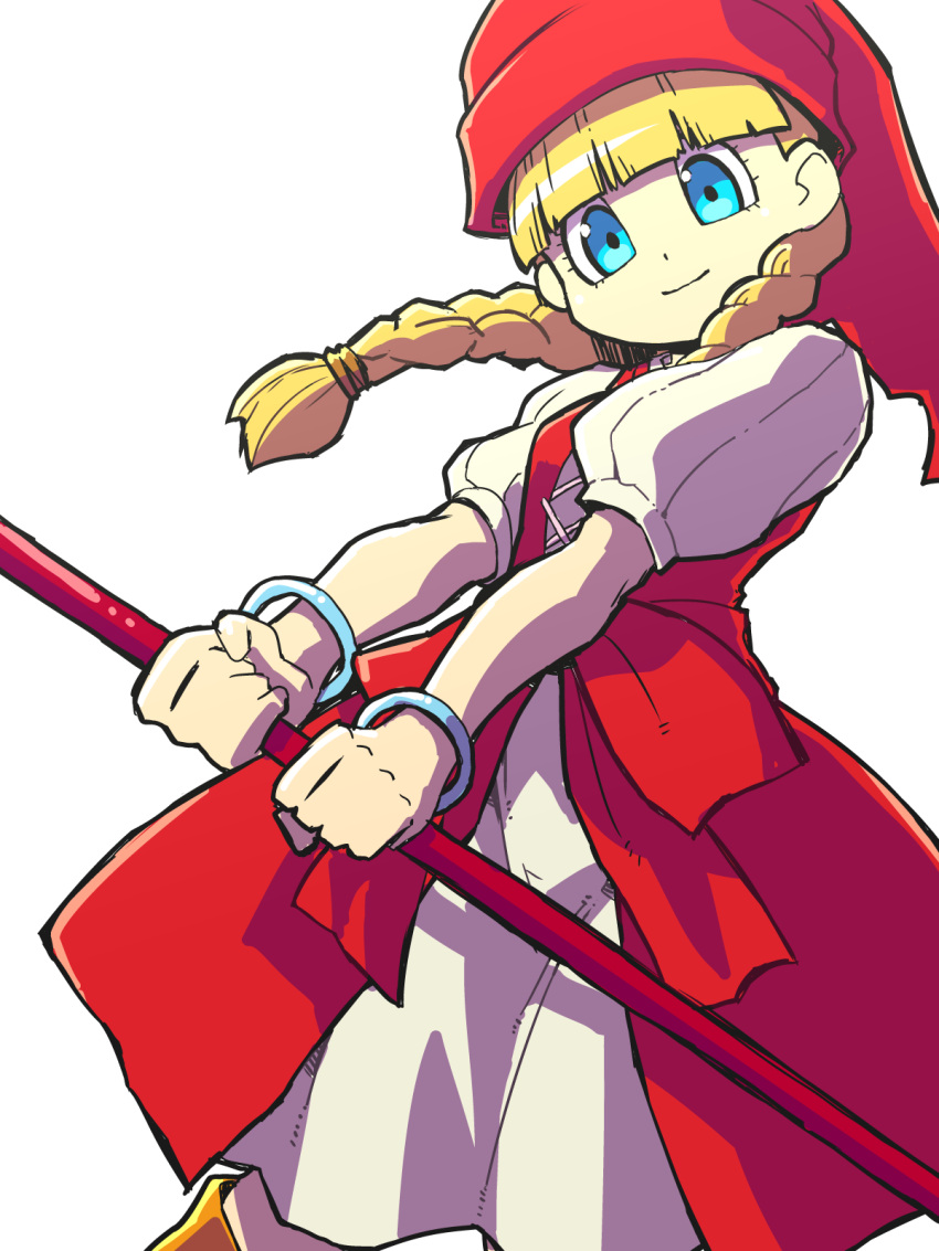 1girl bangs blonde_hair blue_eyes blunt_bangs bracelet braid closed_mouth dragon_quest dragon_quest_xi dress hat highres holding holding_staff jewelry long_hair looking_at_viewer moyamu puffy_short_sleeves puffy_sleeves red_hat short_sleeves simple_background smile solo staff twin_braids veronica_(dq11) white_background white_dress