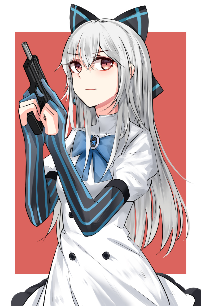 1girl absurdres bangs blue_neckwear bow buttons commentary_request dress elbow_gloves eossim eyebrows_visible_through_hair girls_frontline gloves gun hair_between_eyes hair_bow handgun hands_up highres holding holding_gun holding_weapon long_hair long_sleeves looking_at_viewer partly_fingerless_gloves puffy_short_sleeves puffy_sleeves red_eyes short_sleeves sidelocks silver_hair solo star striped striped_gloves tokarev_(girls_frontline) tokarev_tt-33 two-tone_background weapon white_dress
