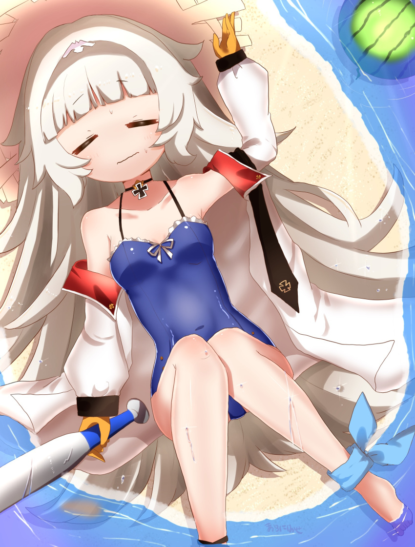 &gt;_&lt; :s azur_lane bandanna bare_shoulders baseball_bat beach blue_swimsuit blush breasts choker closed_eyes closed_mouth collared_jacket commentary_request covered_navel facial_expressions food fruit gloves hat highres holding_baseball_bat iron_cross jacket knees_up leg_hug long_hair lying mole mole_under_eye necktie on_back open_clothes open_jacket outdoors red_collar sakura1704 sand shiny shiny_skin silver_hair small_breasts solo straw_hat swimsuit very_long_hair water watermelon wet wet_clothes white_hair white_jacket yellow_eyes yellow_gloves z46_(azur_lane)