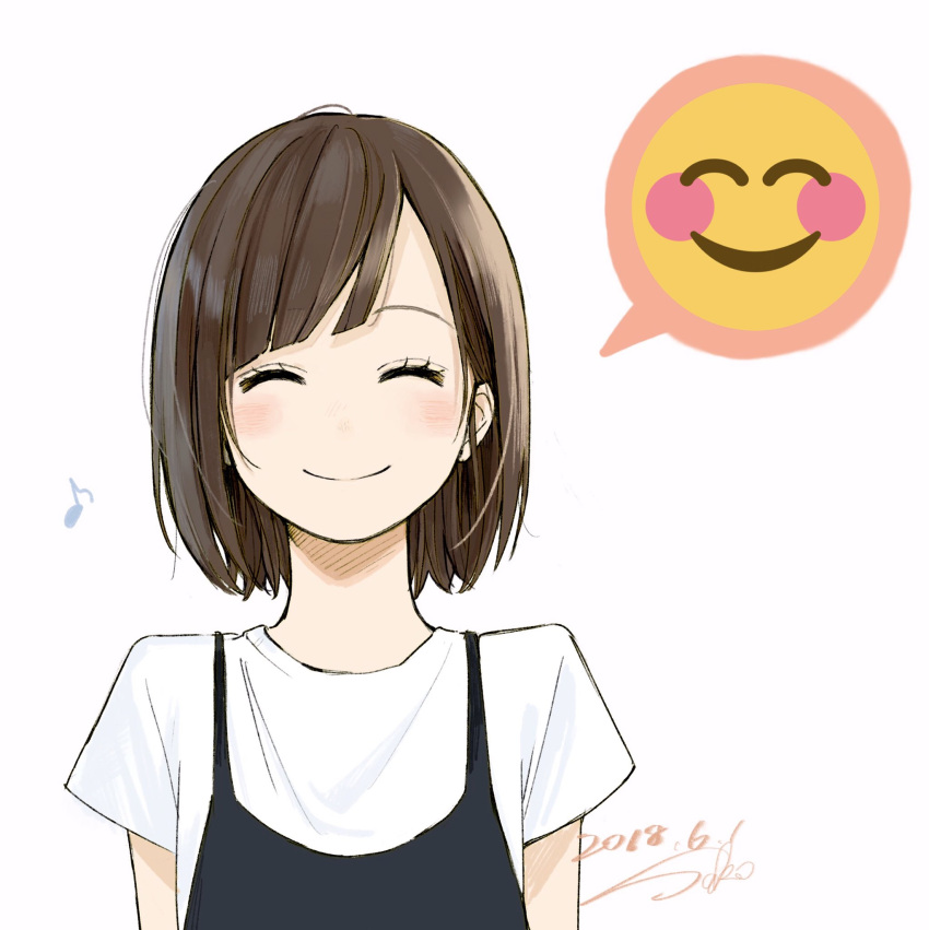1girl brown_hair closed_eyes closed_mouth commentary_request emoji facing_viewer highres musical_note original overalls sako_(user_ndpz5754) shirt short_hair signature simple_background smile solo upper_body white_background white_shirt