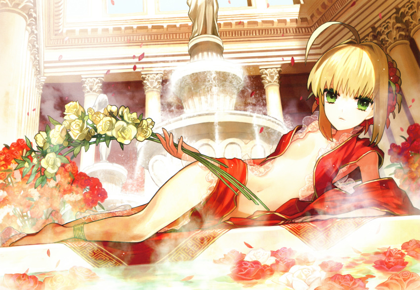 1girl absurdres ahoge anklet architecture bangs barefoot blonde_hair braid center_opening closed_mouth column fate/extra fate_(series) flat_chest flower fountain full_body green_eyes hair_flower hair_ornament highres holding huge_filesize jewelry legs looking_at_viewer lying navel nero_claudius_(fate) nero_claudius_(fate)_(all) official_art on_side open_clothes petals pillar scan solo wada_aruko water