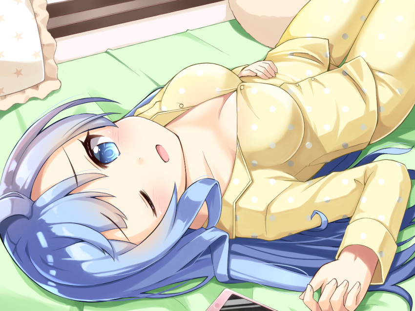1girl ;d blue_eyes blue_hair breasts cellphone commentary_request eyebrows_visible_through_hair frilled_pillow frills long_hair looking_at_viewer lying medium_breasts ominaeshi_(takenoko) on_back one_eye_closed open_mouth original pajamas phone pillow polka_dot_pajamas smartphone smile solo yellow_pajamas