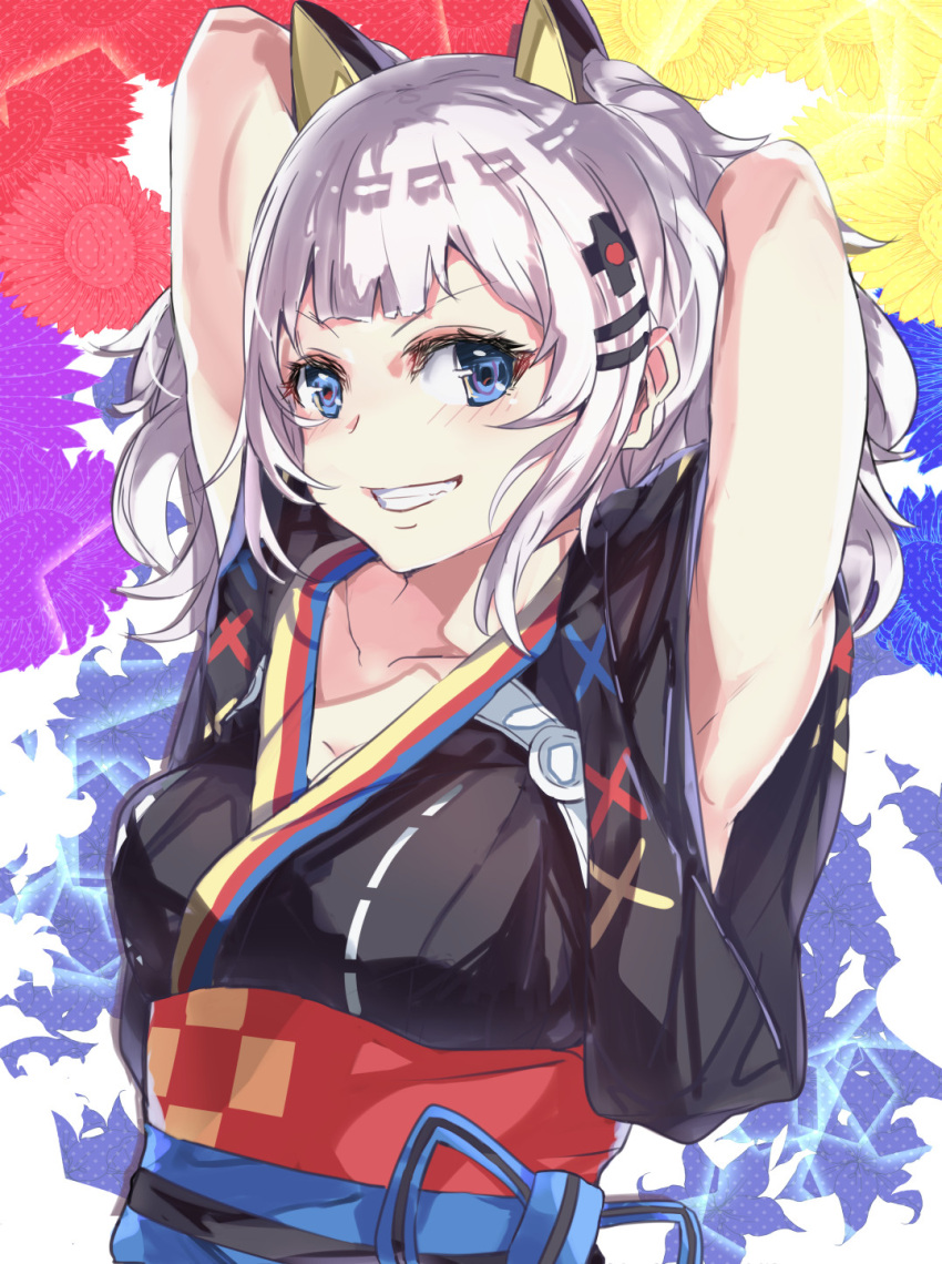 1girl :d animal_ears armpits arms_behind_head arms_up blue_eyes breasts cat_ears cleavage fake_animal_ears hair_ornament hairclip highres japanese_clothes kaguya_luna kaguya_luna_(character) kimono looking_at_viewer open_mouth smile teeth tomas_(kaosu22) twintails virtual_youtuber white_hair