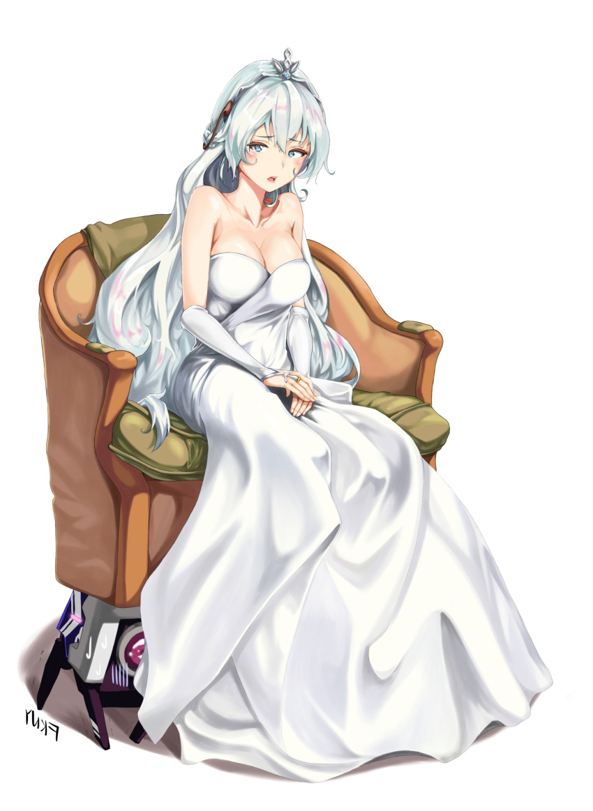 1girl absurdres alternate_breast_size alternate_costume bangs bare_shoulders blue_eyes blush braid breasts bridal_gauntlets chair cleavage collarbone dinergate_(girls_frontline) dress eyebrows_visible_through_hair fkny french_braid frown girls_frontline gloves hair_between_eyes highres intravenous_drip large_breasts long_dress long_hair looking_at_viewer older open_mouth ribeyrolles_1918_(girls_frontline) sidelocks signature silver_hair simple_background sitting solo sweatdrop tiara very_long_hair wavy_hair wedding_dress white_background white_dress white_gloves