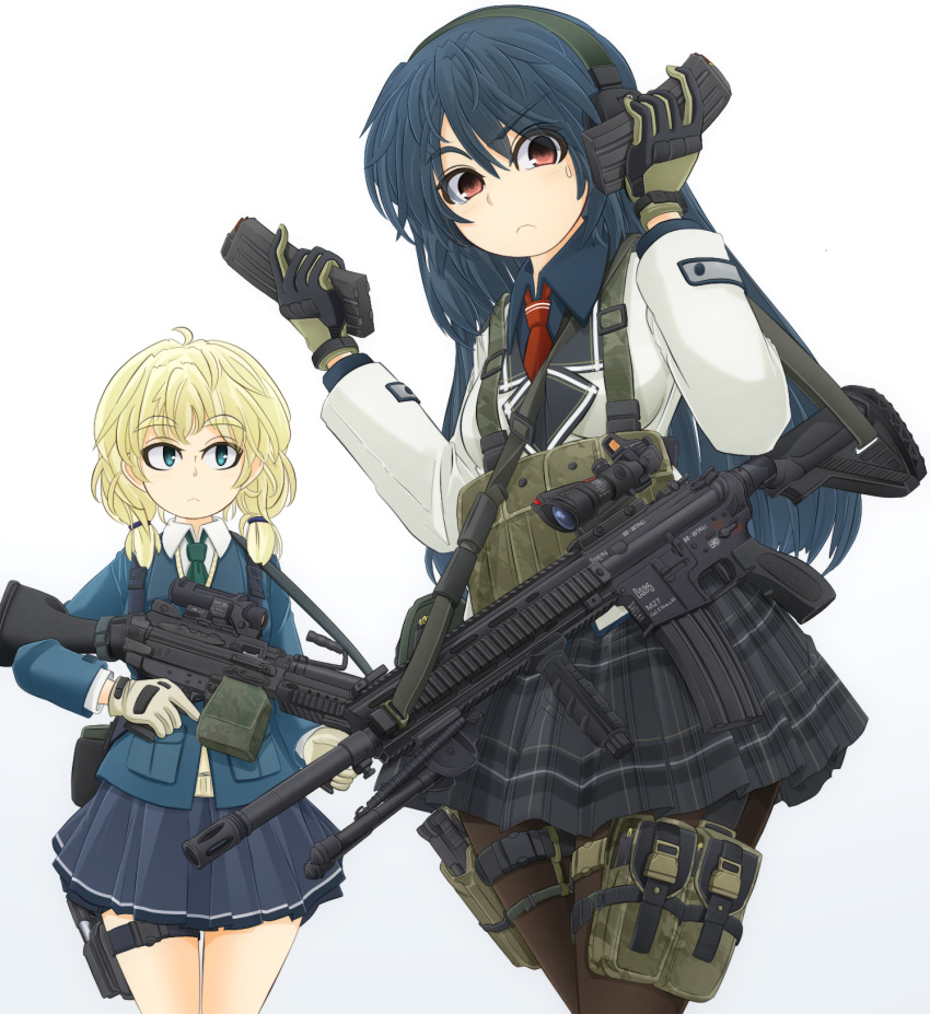 2girls acog aqua_eyes assault_rifle between_breasts bipod blonde_hair blue_hair brown_legwear bullet commentary_request gloves gradient gradient_background graphite_(medium) gun heckler_&amp;_koch highres hk416 holster holstered_weapon ichigotofu load_bearing_vest m249 m27_iar machine_gun magazine_(weapon) mechanical_pencil military multiple_girls necktie original pantyhose pencil red_eyes reflex_sight rifle strap_cleavage thigh_holster traditional_media vertical_foregrip weapon