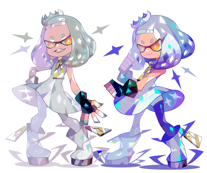 +_+ 1girl :d amakusa_(hidorozoa) black_gloves boots clenched_hands closed_mouth crown domino_mask dress fang fingerless_gloves gloves grey_dress grey_footwear grey_hair hime_(splatoon) holding legs_apart looking_at_viewer mask mole mole_under_mouth open_mouth orange_eyes short_eyebrows short_hair smile solo splatoon splatoon_2 thick_eyebrows