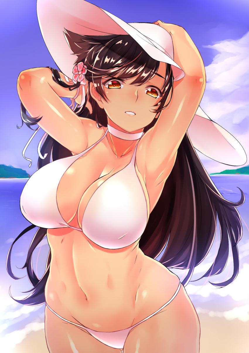 1girl alternate_costume armpits arms_behind_head arms_up atago_(azur_lane) azur_lane bangs beach between_legs bikini black_hair blue_sky blurry blurry_background blush breasts brown_eyes chiha_(abo_ecm_mk25) cleavage clouds curvy day eyebrows_visible_through_hair groin hair_ornament hair_ribbon half-closed_eyes hand_between_legs hat highres large_breasts long_hair looking_at_viewer mole mole_under_eye navel ocean parted_lips ponytail ribbon ripples sand sky smile solo stomach sun_hat swept_bangs swimsuit tareme thighs very_long_hair water white_bikini white_hat wide_hips wristband