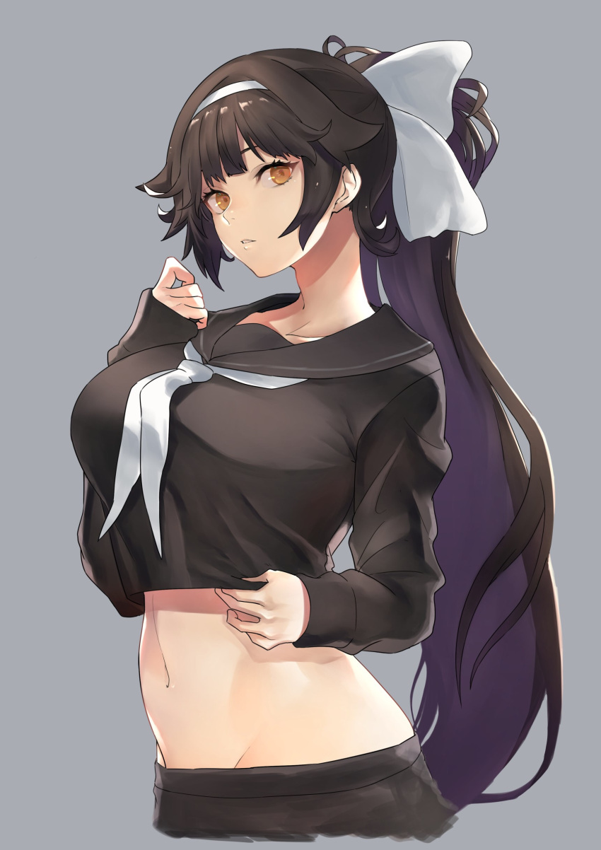 1girl absurdres azur_lane black_hair bow breasts brown_hair collarbone fujitsubo_(hujitubo0731) grey_background groin hair_bow hairband highres large_breasts long_hair looking_at_viewer midriff parted_lips ponytail simple_background solo takao_(azur_lane) uniform very_long_hair white_bow