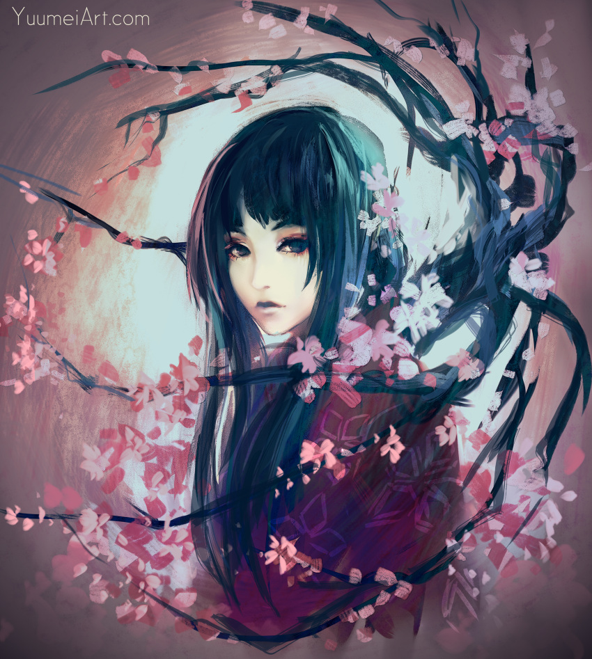 1girl absurdres black_eyes blue_hair branch cherry_blossoms highres japanese_clothes kimono looking_at_viewer original red_kimono solo upper_body watermark web_address wenqing_yan