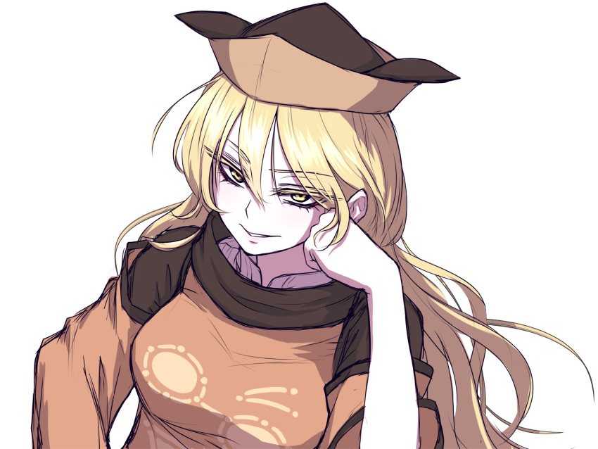 1girl blonde_hair breasts clenched_hand colored_eyelashes commentary_request detached_sleeves eyebrows_visible_through_hair grin hair_between_eyes hand_up hat highres large_breasts long_hair long_sleeves looking_at_viewer matara_okina miata_(miata8674) parted_lips simple_background smile solo tabard touhou upper_body white_background wide_sleeves yellow_eyes