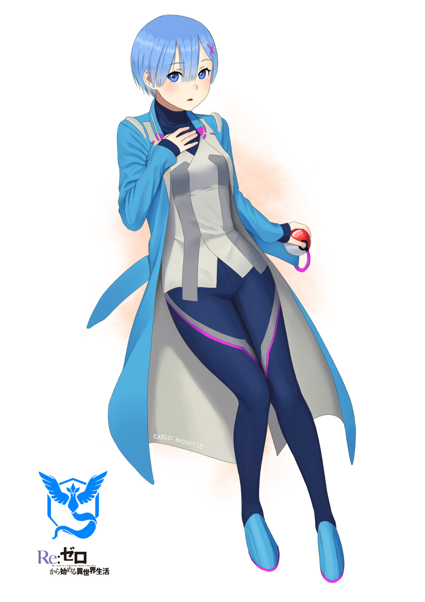 1girl absurdres artist_name blanche_(pokemon) blanche_(pokemon)_(cosplay) blue_coat blue_eyes blue_footwear blue_hair blush carlo_montie coat cosplay full_body hair_between_eyes hair_ornament hand_on_own_chest highres holding holding_poke_ball looking_at_viewer open_clothes open_coat pants parted_lips poke_ball poke_ball_(generic) pokemon pokemon_go re:zero_kara_hajimeru_isekai_seikatsu rem_(re:zero) short_hair sleeves_past_wrists solo x_hair_ornament