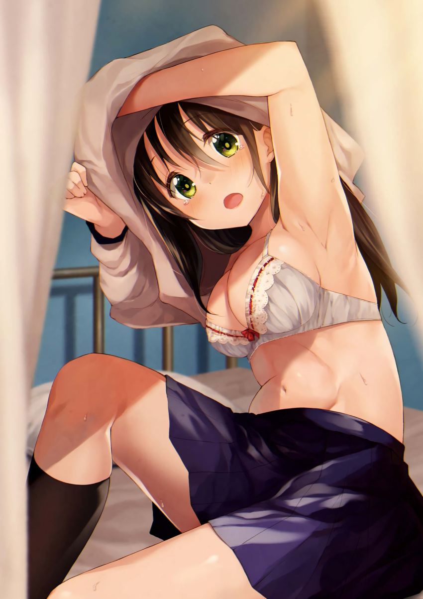 1girl :o arm_up armpits artist_name bangs bed bed_sheet black_legwear blush bow bow_bra bra breasts brown_hair cleavage collarbone curtains eyebrows_visible_through_hair green_eyes hair_between_eyes hand_up highres indoors knee_up kneehighs lace lace_bra long_hair long_sleeves looking_at_viewer navel navy_blue_skirt on_bed open_mouth original pillow pleated_skirt red_bow scan school_uniform shirt sitting sitting_on_bed skirt solo stomach surprised sweat tearing_up tears underwear white_bra white_shirt