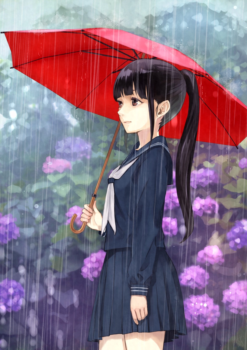 1girl ashiya_hiro black_hair black_serafuku black_skirt brown_eyes cowboy_shot day flower highres holding holding_umbrella hydrangea long_hair looking_to_the_side original outdoors ponytail rain red_umbrella school_uniform serafuku skirt solo standing umbrella