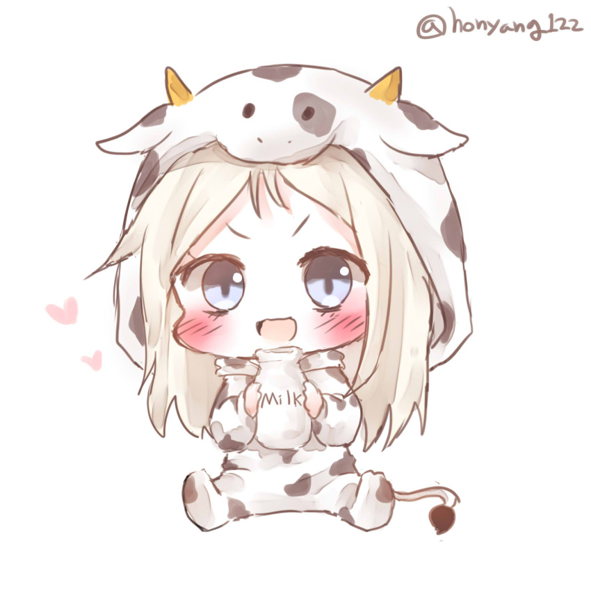 1girl :d animal_costume blue_eyes blush bottle chibi commission cow_costume cow_hood cow_tail girls_frontline grey_hair highres holding holding_bottle honyang hood hood_up long_hair looking_at_viewer milk_bottle mp5_(girls_frontline) open_mouth platinum_blonde sitting smile solo tail twitter_username v-shaped_eyebrows