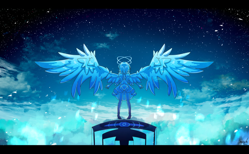 1girl amatsuki_rei angel angel_wings blue blue_sky clouds cloudy_sky commentary_request double_halo dress facing_away floating from_behind halo highres letterboxed monochrome night night_sky original outstretched_arms scenery signature sky solo spread_arms spread_wings star_(sky) starry_sky wings