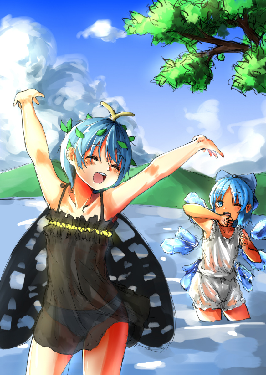 2girls antennae arms_up bangs bloomers blue_bow blue_eyes blue_hair blue_sky bow butterfly_wings cirno closed_eyes clouds eternity_larva hair_bow highres ice ice_wings kourou_(kouroukun) looking_at_another mountain multiple_girls one_eye_closed panties see-through short_hair sky tanned_cirno touhou underwear wading wet wings