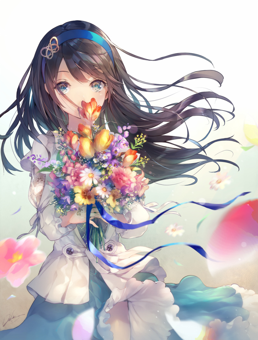 1girl black_hair blue_eyes blurry bouquet butterfly_hair_ornament colorful commentary covered_mouth cowboy_shot daisy deecha depth_of_field eyelashes flower frilled_skirt frills hair_ornament hairband highres long_hair looking_at_viewer original petals ribbon signature skirt solo wind wind_lift