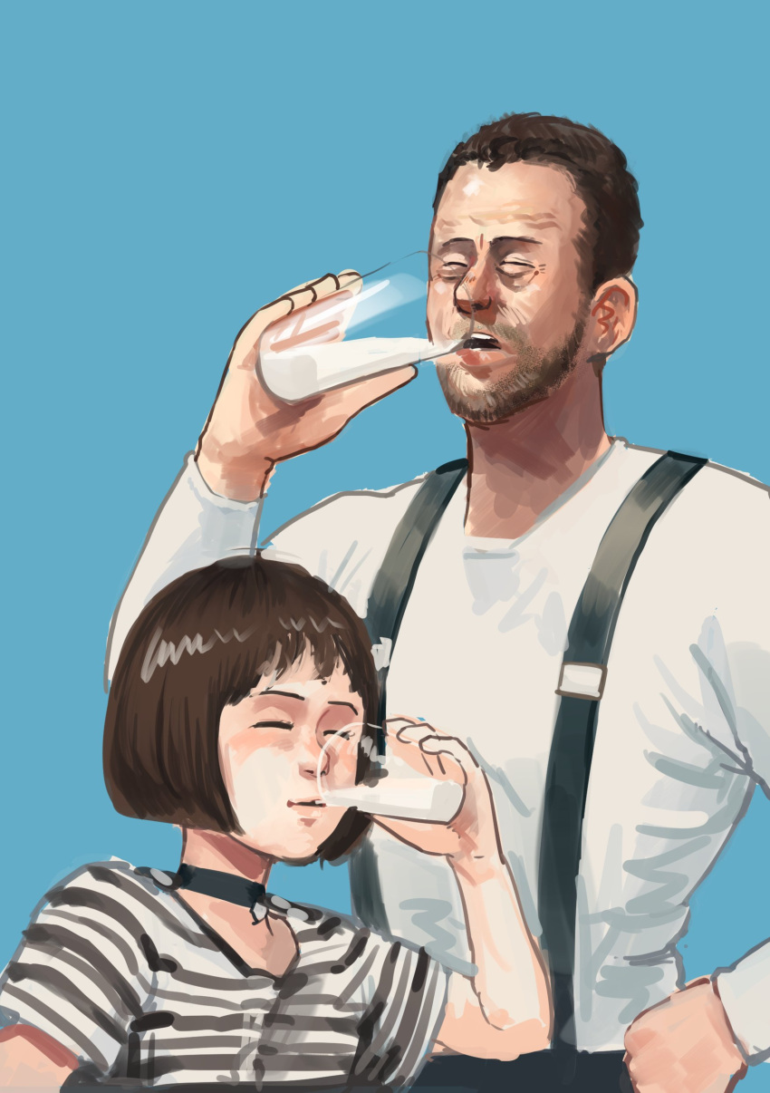 1girl absurdres beard black_choker blue_background brown_hair chanta_(ayatakaoisii) choker closed_eyes commentary_request drinking facial_hair glass height_difference highres leon_(leon_the_professional) leon_the_professional long_sleeves mathilda_lando milk shirt short_sleeves simple_background solo striped striped_shirt white_shirt