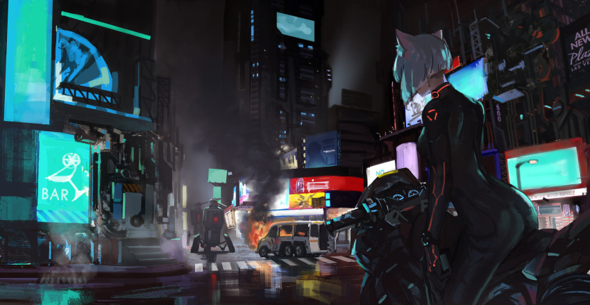 1girl absurdres animal_ears black_gloves black_legwear building burning cat_ears city city_lights gloves ground_vehicle highres jun_(5455454541) motor_vehicle motorcycle original robot science_fiction short_hair skin_tight skinsuit watch white_hair