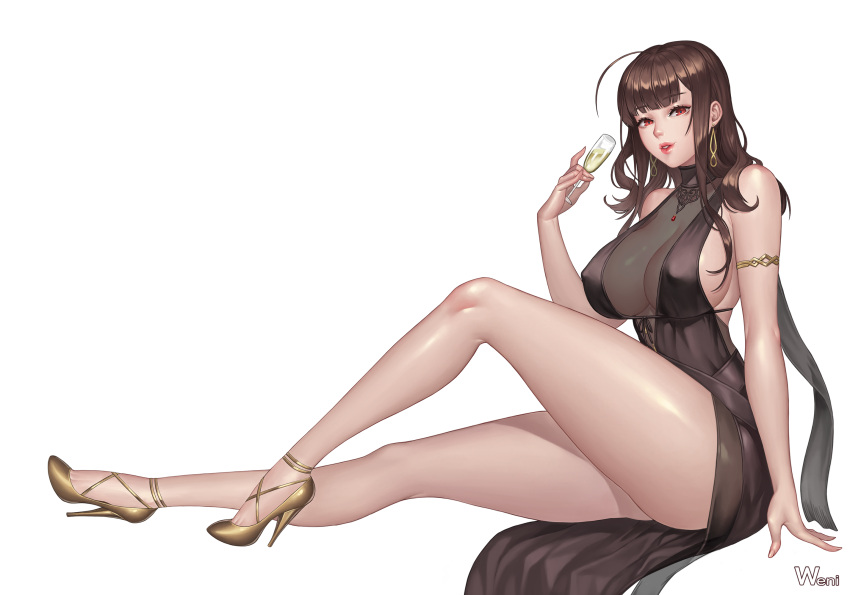 1girl armlet bare_legs bare_shoulders black_dress breasts brown_hair champagne_flute cup dress drinking_glass dsr-50_(girls_frontline) earrings erect_nipples fingernails from_side girls_frontline high_heels highres holding huge_breasts jewelry karmiel knee_up lipstick long_hair long_legs looking_at_viewer makeup necklace parted_lips red_eyes red_lipstick see-through signature simple_background sitting solo white_background yellow_footwear