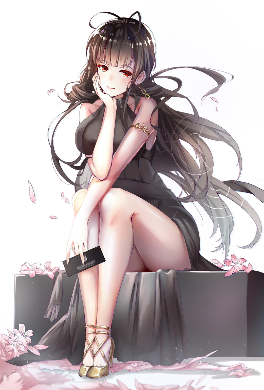 1girl absurdres ahoge alternate_costume arm_ribbon armlet ass bangs bare_shoulders black_dress blunt_bangs blush breasts brown_hair closed_mouth cup dress dsr-50_(girls_frontline) earrings eyebrows_visible_through_hair feathers floating_hair flower full_body girls_frontline gold_footwear hair_over_shoulder half-closed_eyes head_on_hand high_heels highres holding jewelry large_breasts leaning_forward light_particles long_hair looking_at_viewer petals red_eyes ribbon sidelocks sitting skindentation smile solo thighs yusan