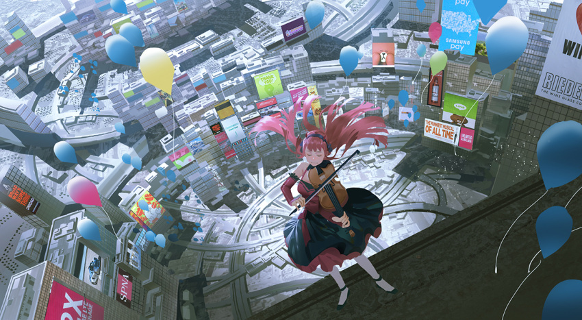 1girl alternate_costume america balloon banner bear blurry city cityscape closed_eyes darling_in_the_franxx depth_of_field detached_sleeves dress dutch_angle from_above instrument music oni_horns pink_hair playing_instrument red_horns samsung_electronics sawana scenery sign sleeveless sleeveless_dress violin zero_two_(darling_in_the_franxx)