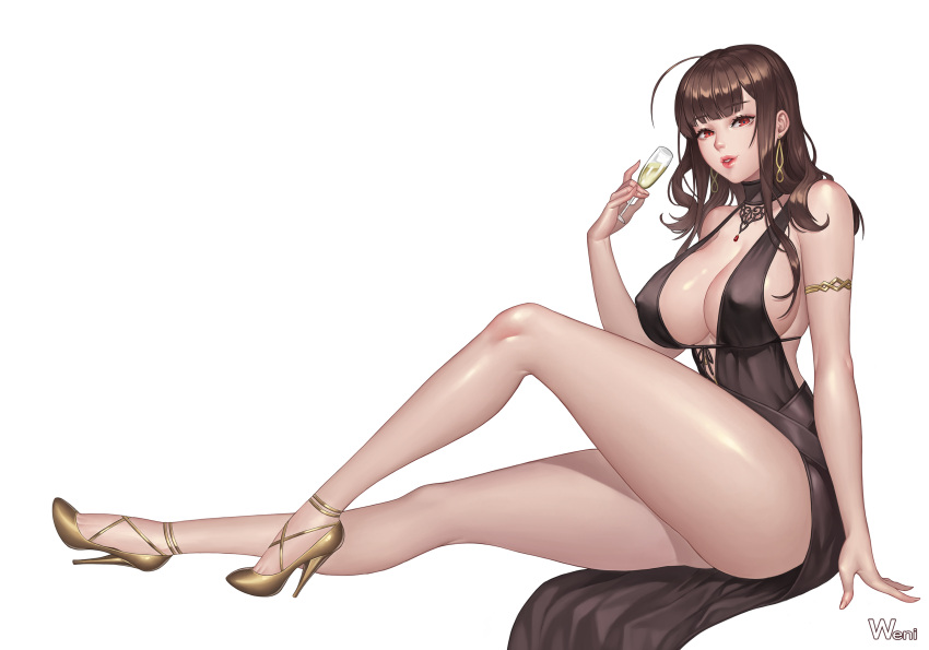 1girl armlet bare_legs bare_shoulders black_dress breasts brown_hair champagne_flute cup dress drinking_glass dsr-50_(girls_frontline) earrings erect_nipples fingernails from_side girls_frontline high_heels highres holding huge_breasts jewelry karmiel knee_up lipstick long_hair long_legs looking_at_viewer makeup necklace parted_lips red_eyes red_lipstick signature simple_background sitting solo white_background yellow_footwear